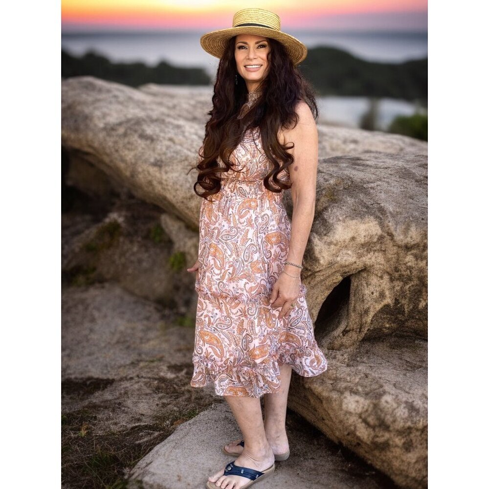 1. State Sleeveless Paisley Chiffon Midi Print Dress Size L Sleeveless Flowy GUC - Picture 2 of 12